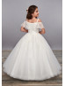 Cold Shoulder Beaded Ivory Lace Tulle Fancy Flower Girl Dress